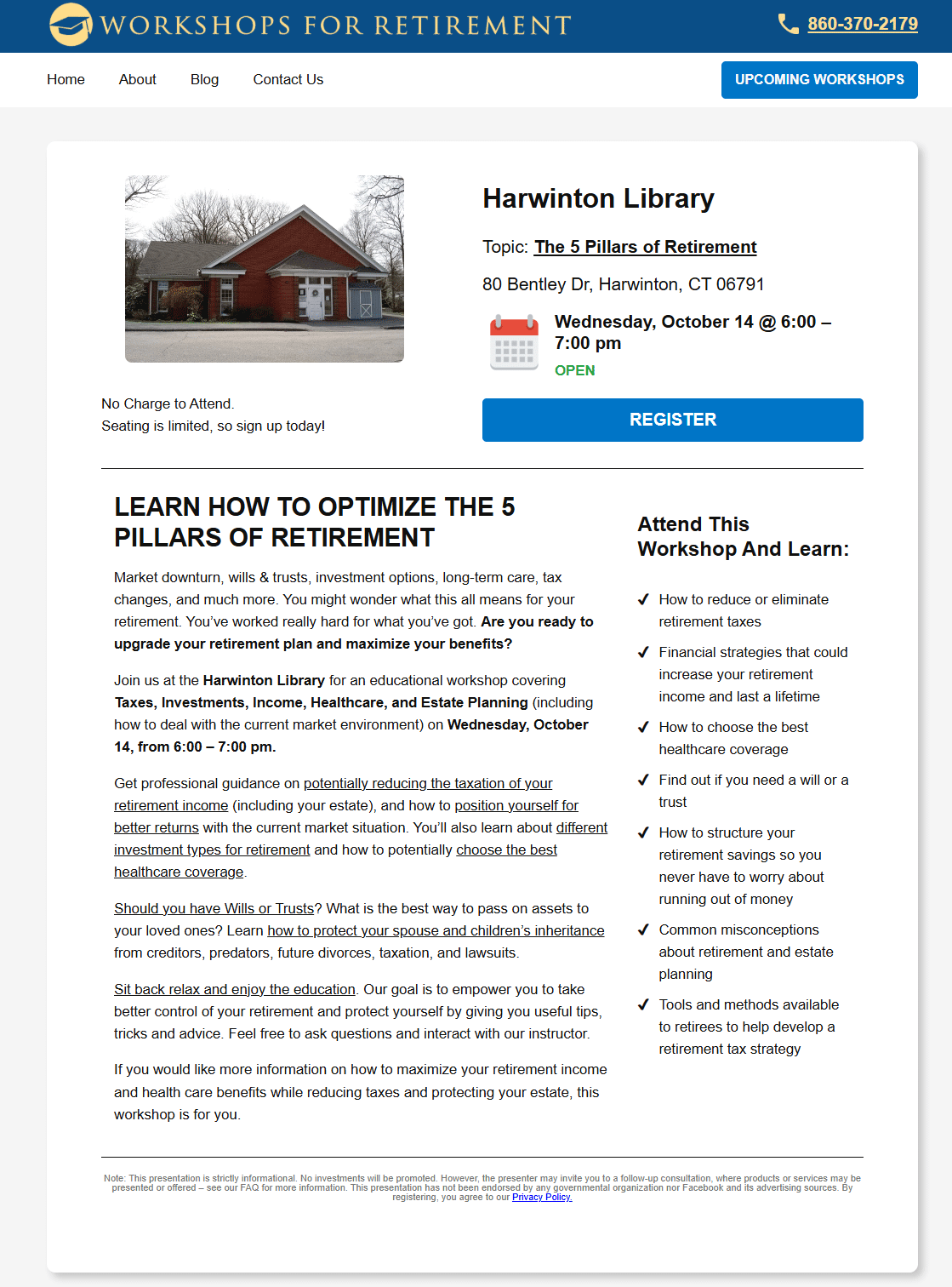 The 5 Pillars of Retirement workshop at Harwinton Library