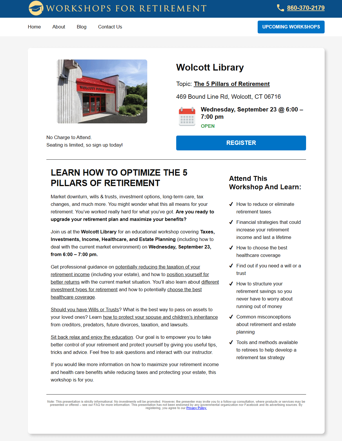 The 5 Pillars of Retirement workshop at Wolcott Library