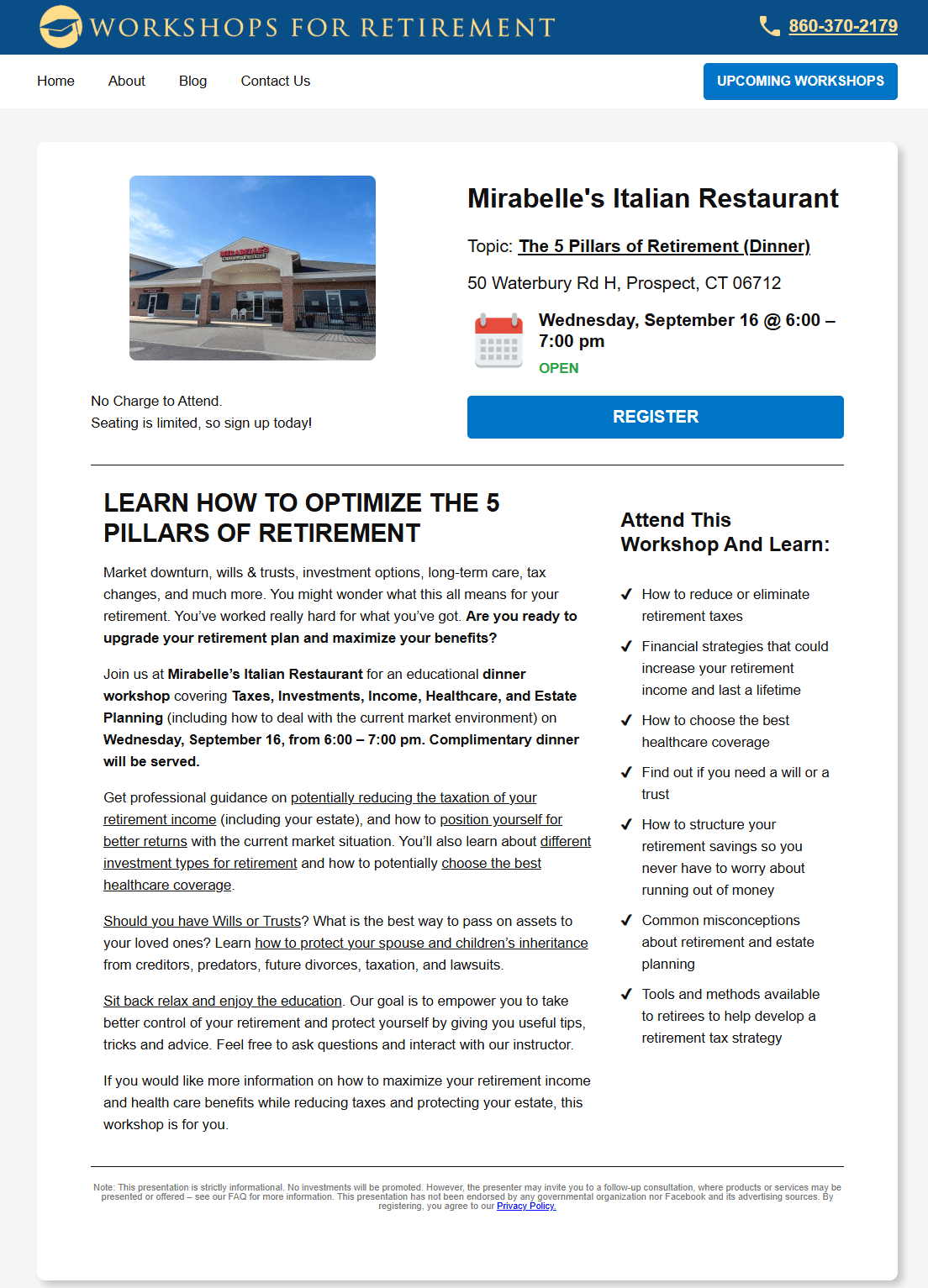 The 5 Pillars of Retirement dinner workshop at Mirabelle's Italian Restaurant